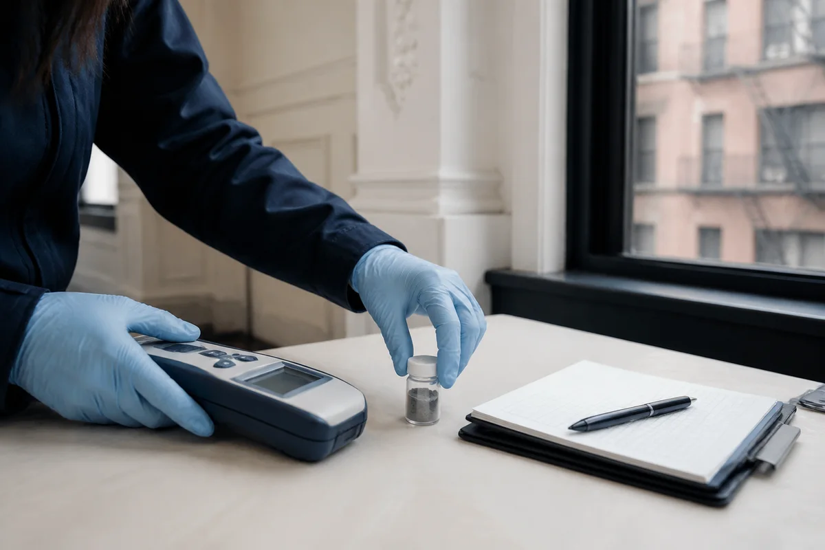 Lead testing specialist arranging an analyzer, sample container and property notes