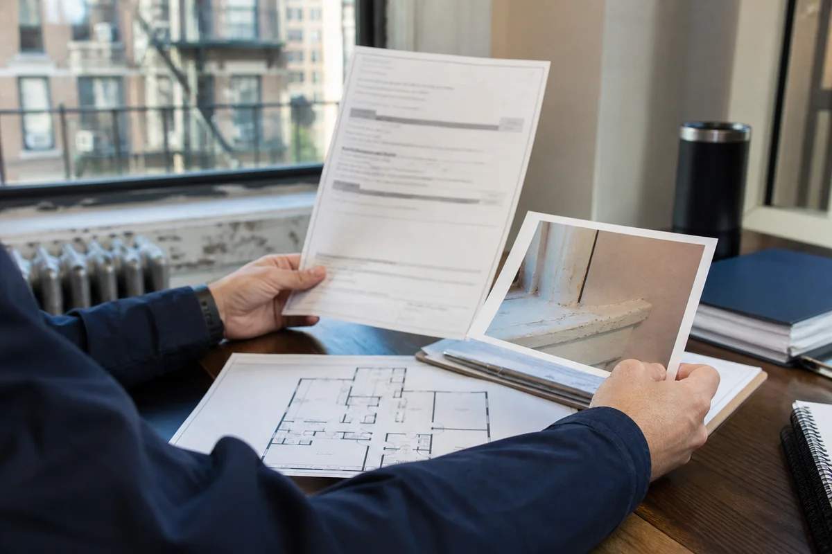 Property specialist reviewing a lead violation notice with plans and condition photographs