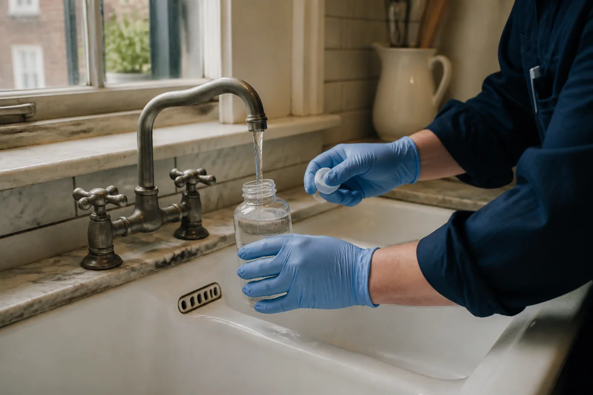 Technician collecting a drinking-water sample from an older apartment faucet