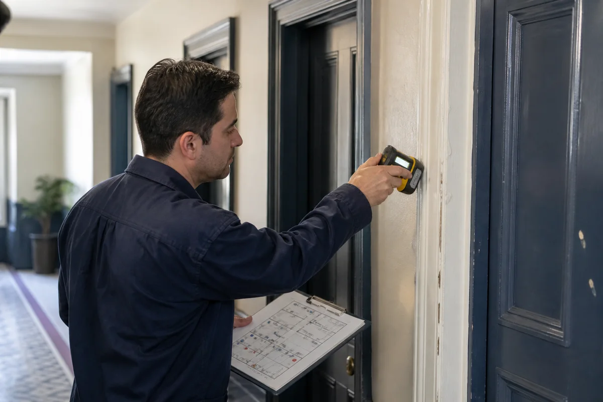 Inspector documenting Local Law 31 readings on a painted apartment door frame