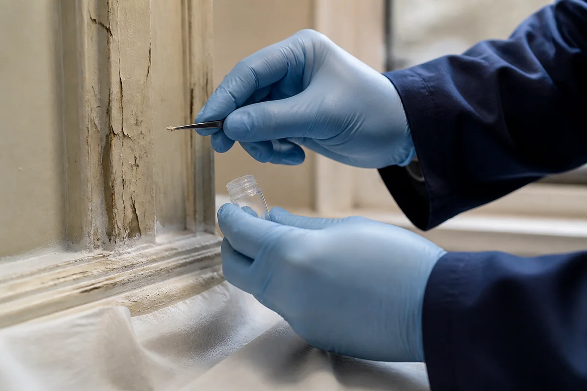 Gloved professional collecting a controlled paint-chip sample from older trim