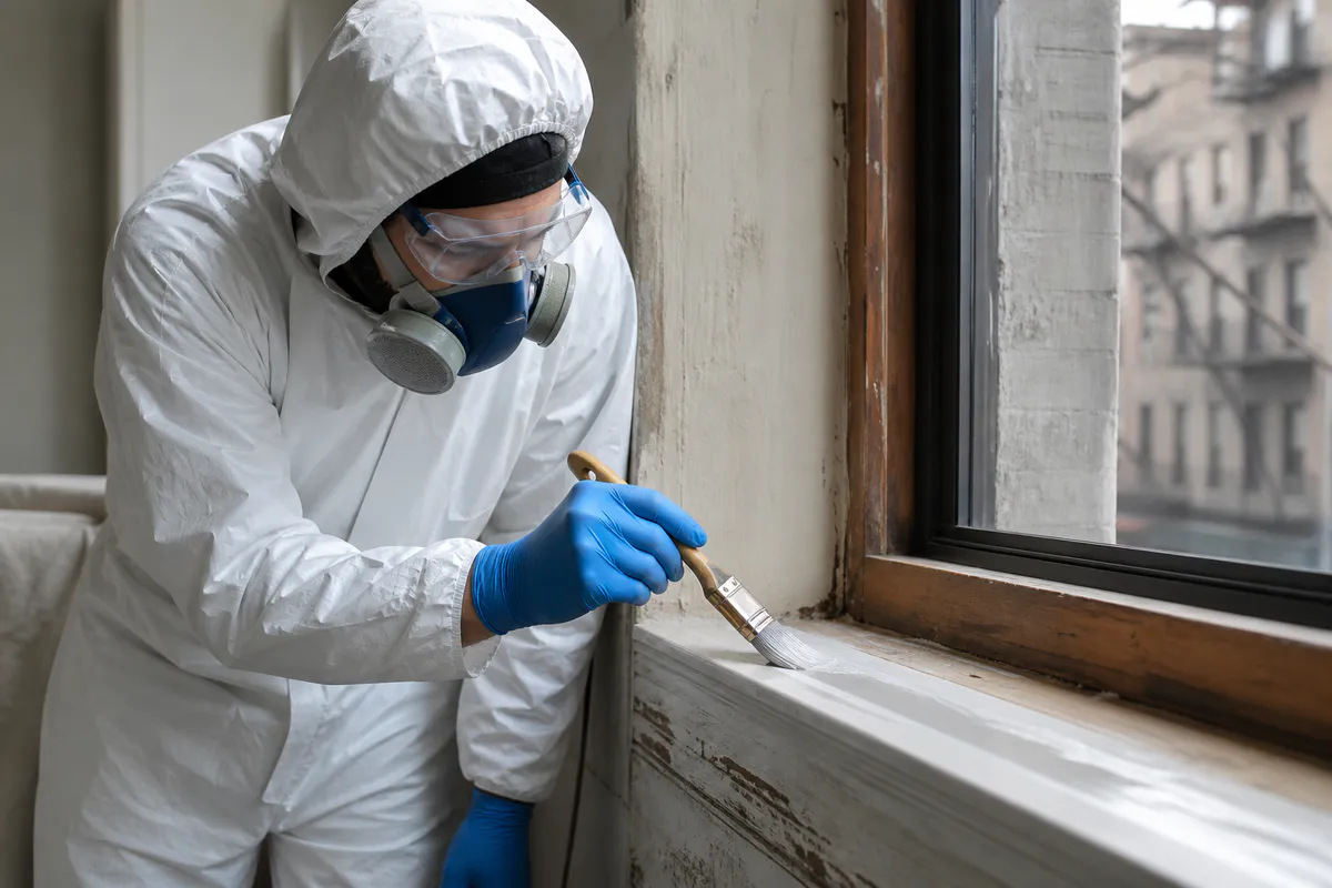 Worker correcting an older painted component using controlled methods