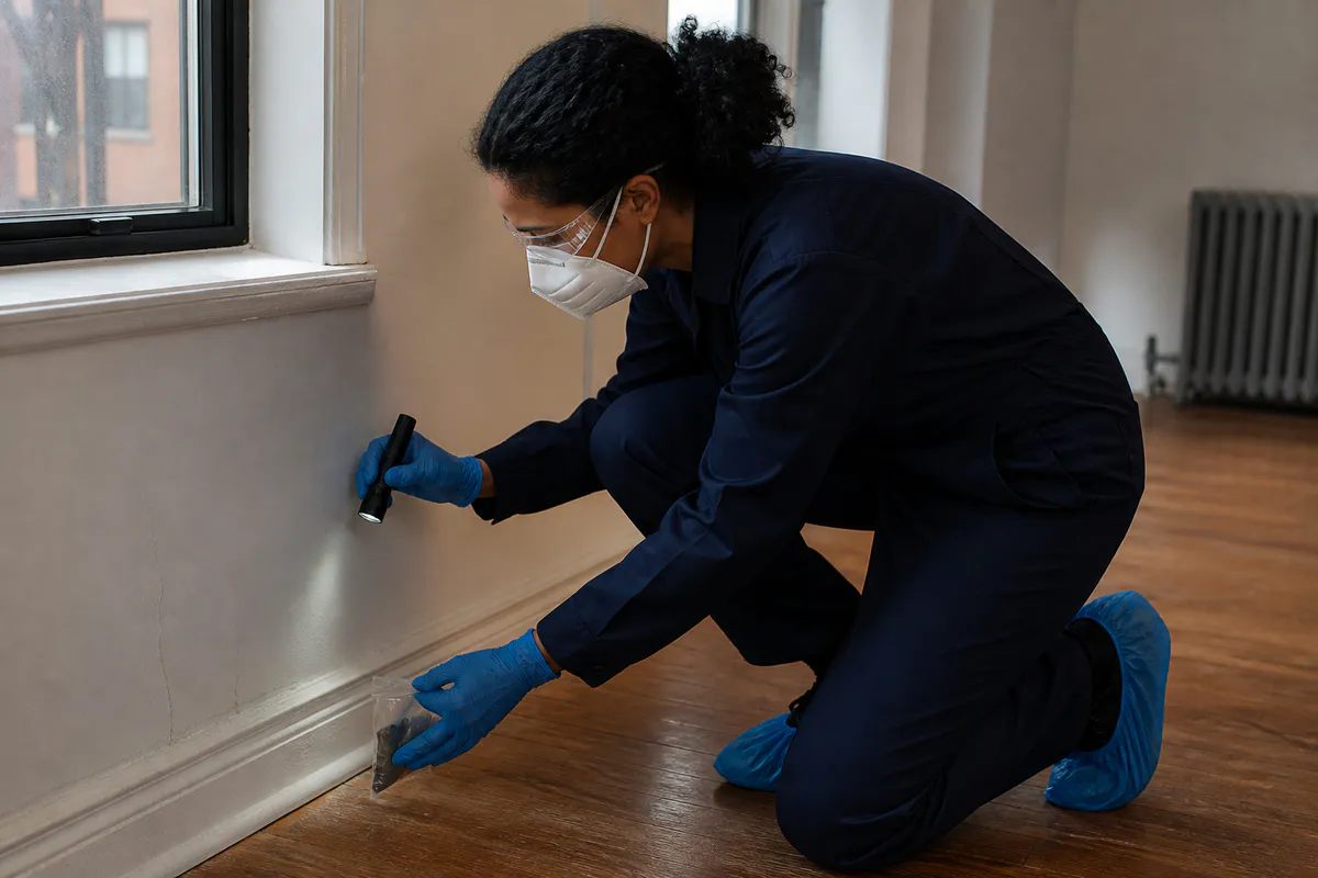 Inspector evaluating painted surfaces during a health investigation
