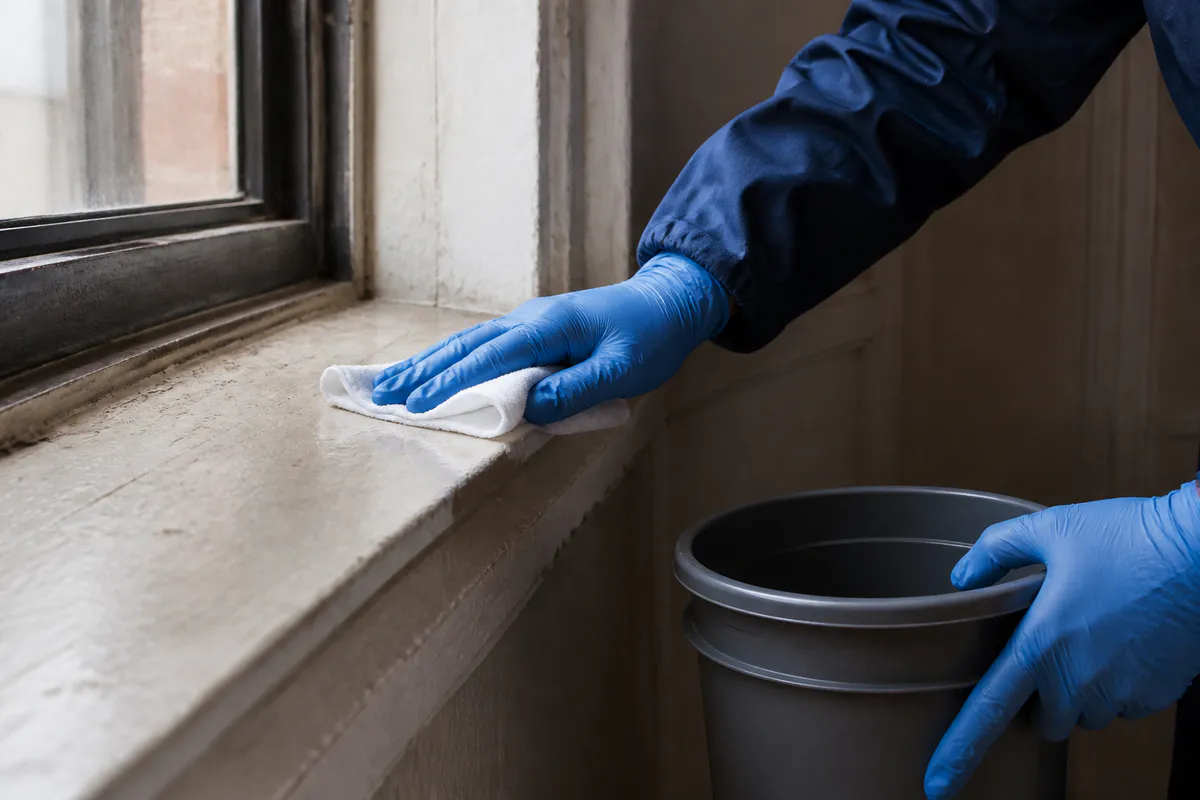 Technician wet-cleaning a window sill after renovation work