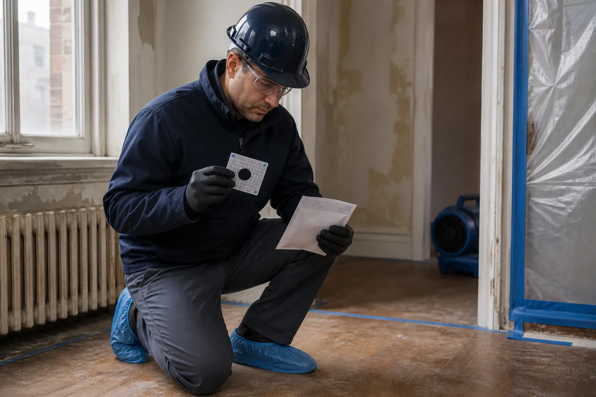 Inspector reviewing a failed clearance area before additional cleaning