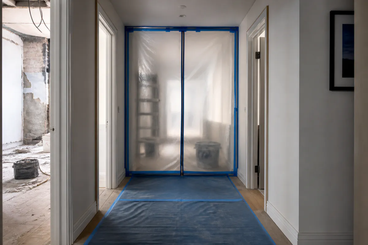 Contained doorway preventing renovation dust from spreading