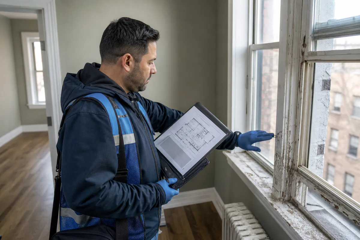 Inspector locating a cited painted component in a New York City apartment