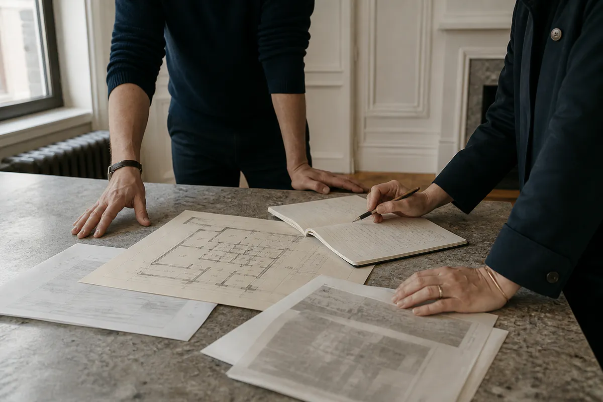 Property professionals reviewing plans during apartment due diligence