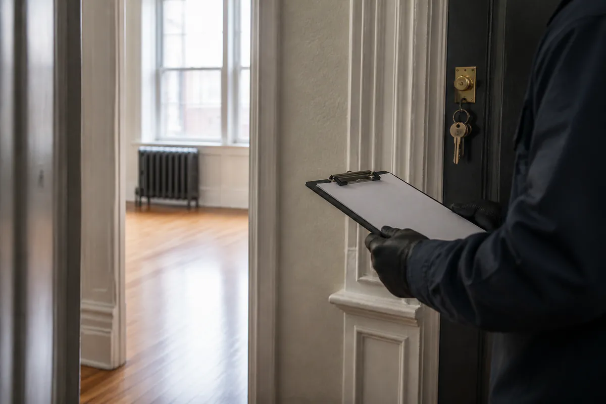 Property professional reviewing painted door trim in an older rental apartment