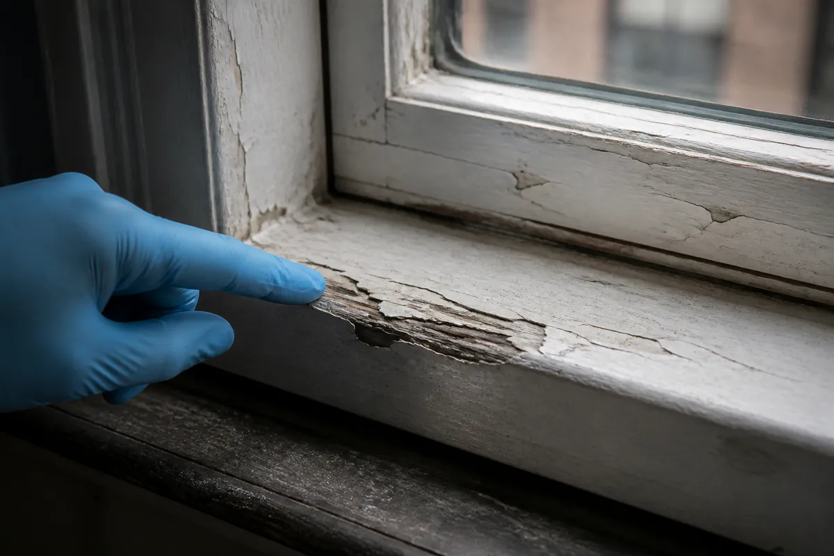 Inspector examining deteriorated paint on an older window sill