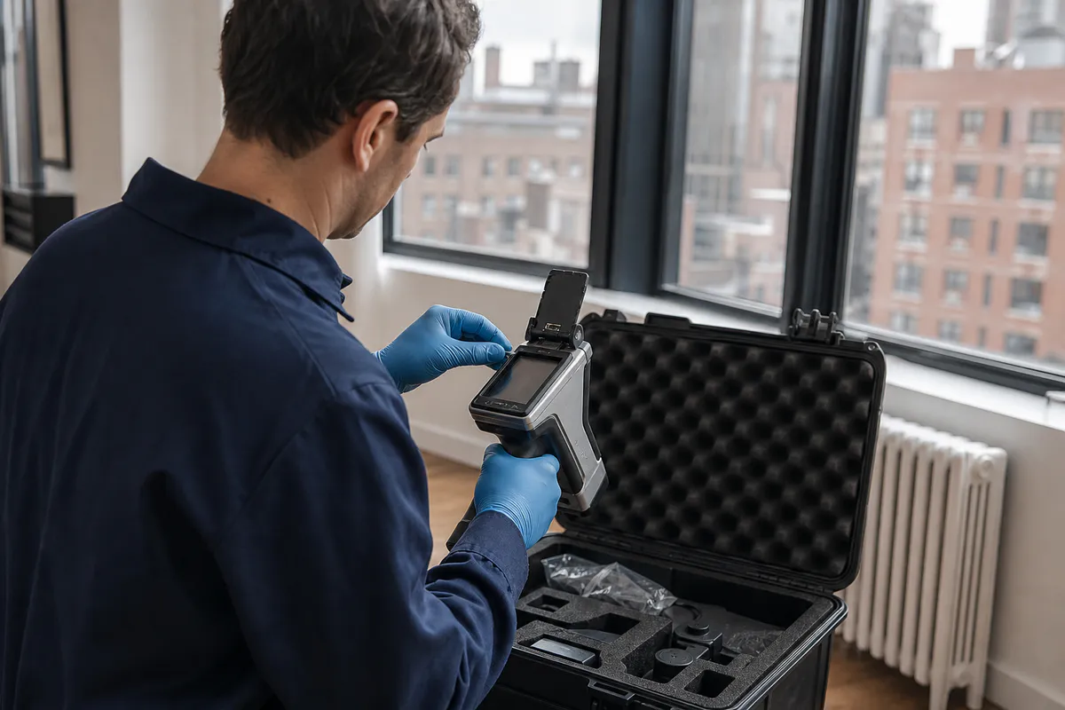 Certified environmental inspector preparing calibrated field equipment