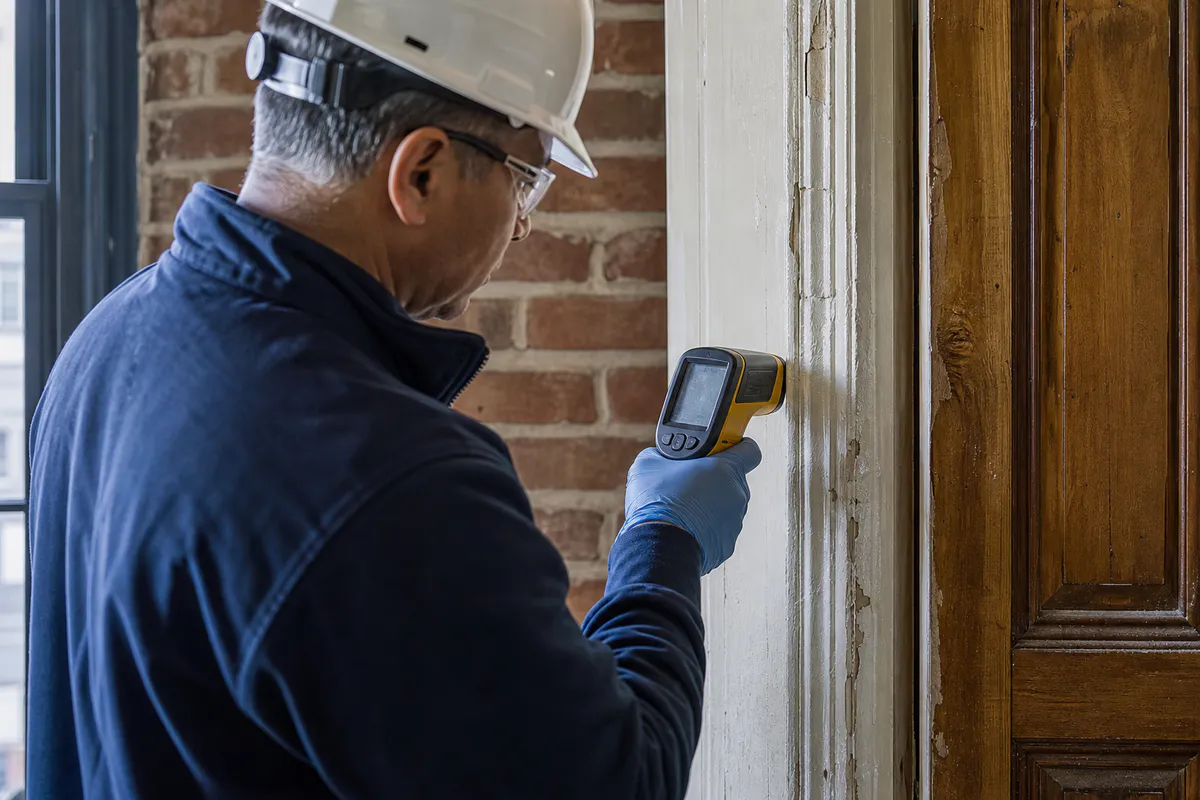 Inspector taking an XRF reading on painted apartment trim
