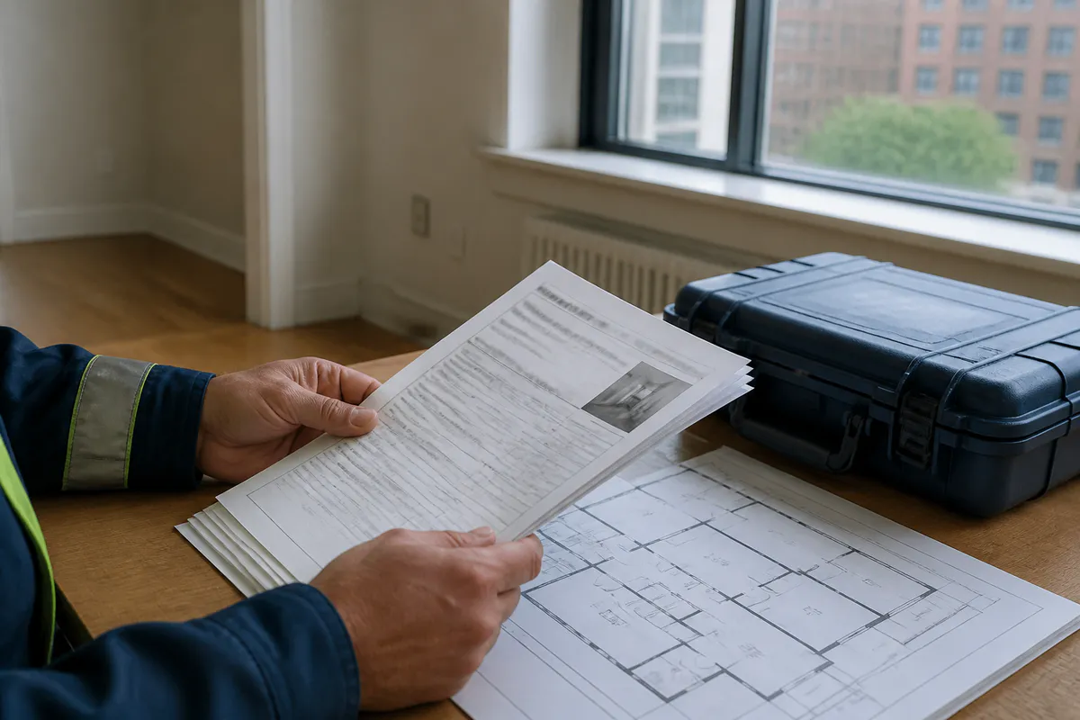Property professional reviewing a lead violation notice and floor plan