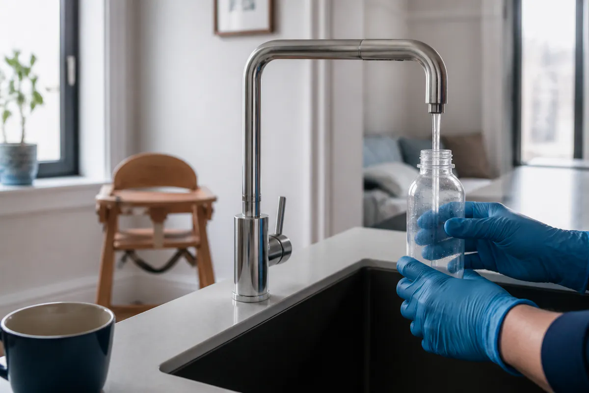 Clean drinking-water sample collected in a family apartment kitchen