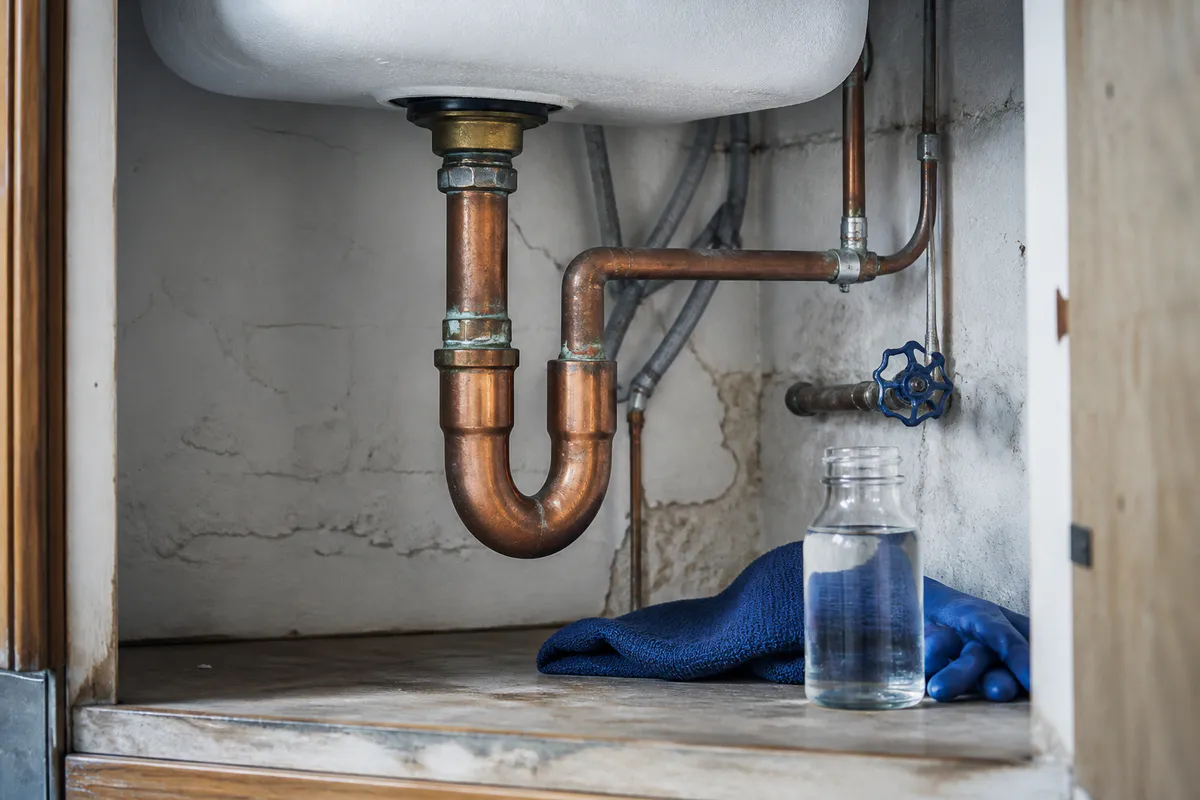 Older apartment plumbing and faucet prepared for water sampling