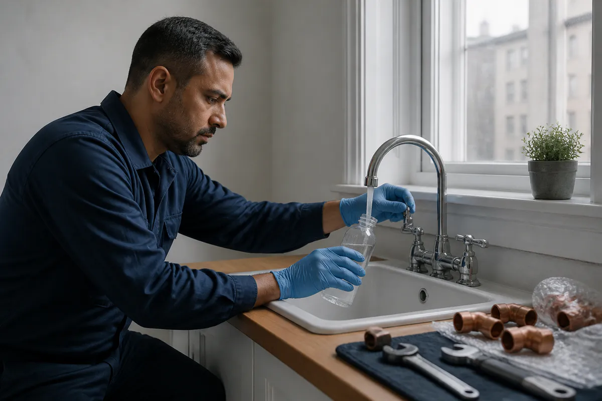 Technician collecting a verification sample after plumbing work