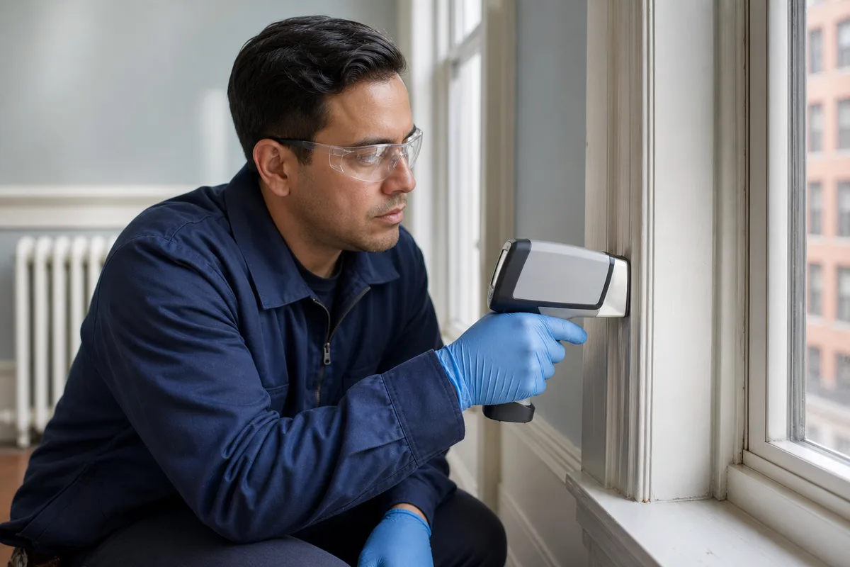 EPA-certified inspector taking an XRF reading on painted window trim