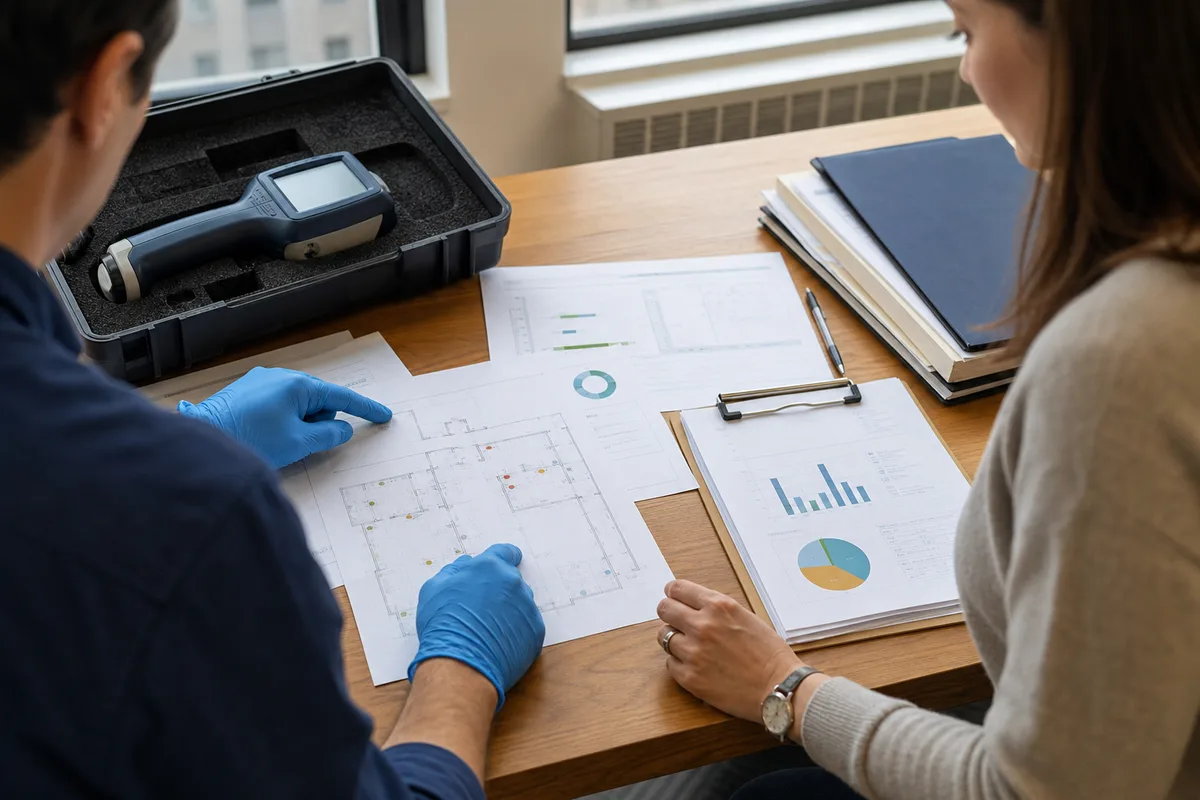 Inspector and property manager reviewing XRF findings for an exemption record