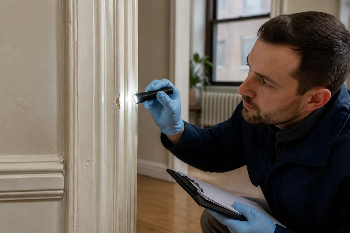 Environmental professional examining aged painted trim in an older apartment
