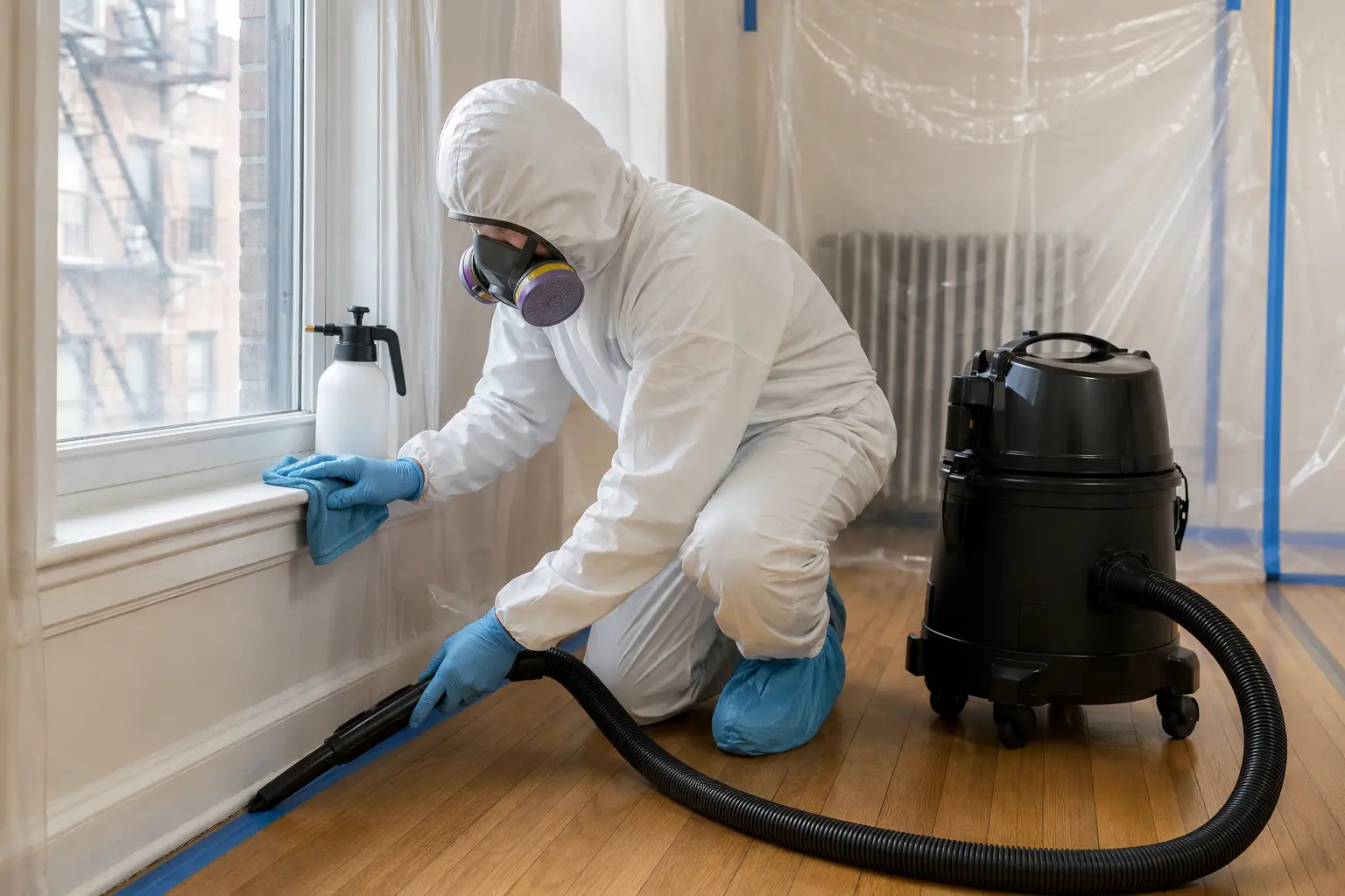 Lead dust remediation worker cleaning a contained work area