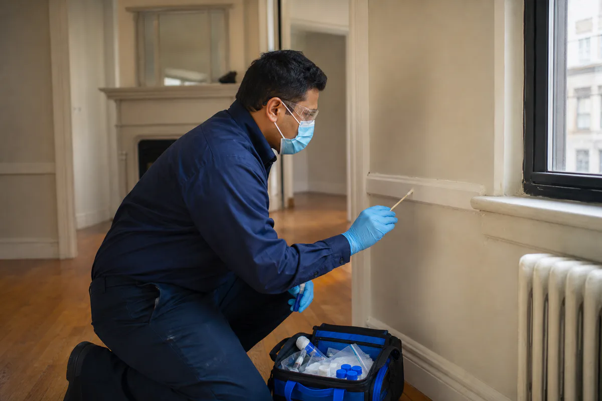 Environmental inspector testing painted surfaces during a Department of Health investigation