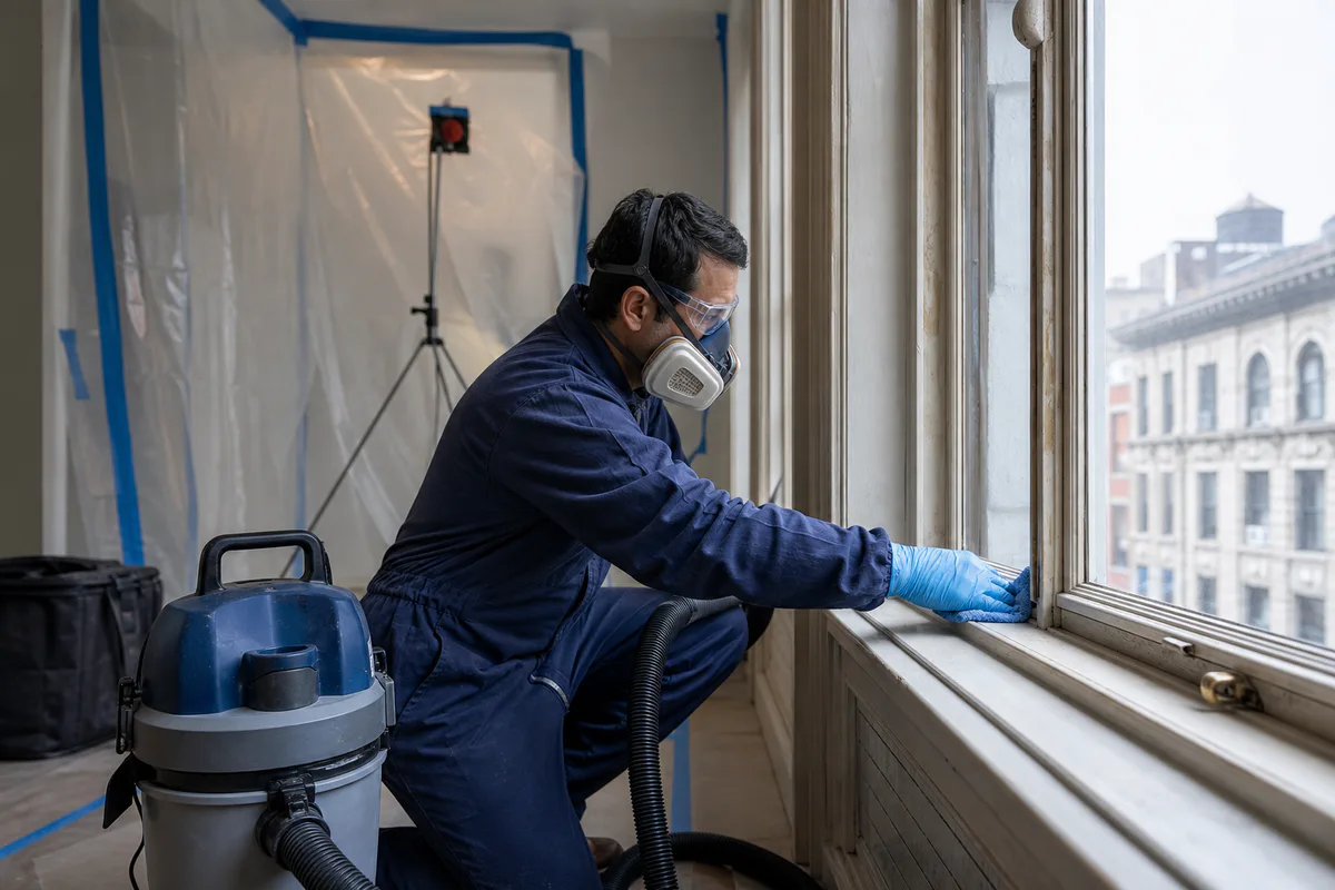Remediation professional wet-cleaning an older window sill inside a contained work area