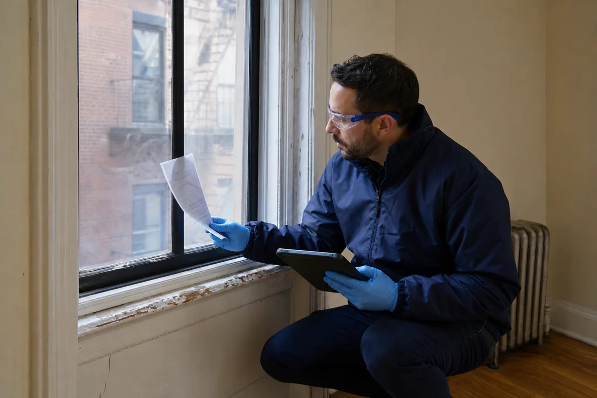 Inspector documenting a painted component cited in an HPD lead violation