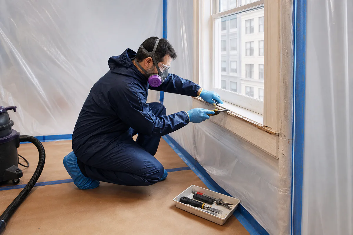 Lead-safe worker correcting an older painted component inside professional containment