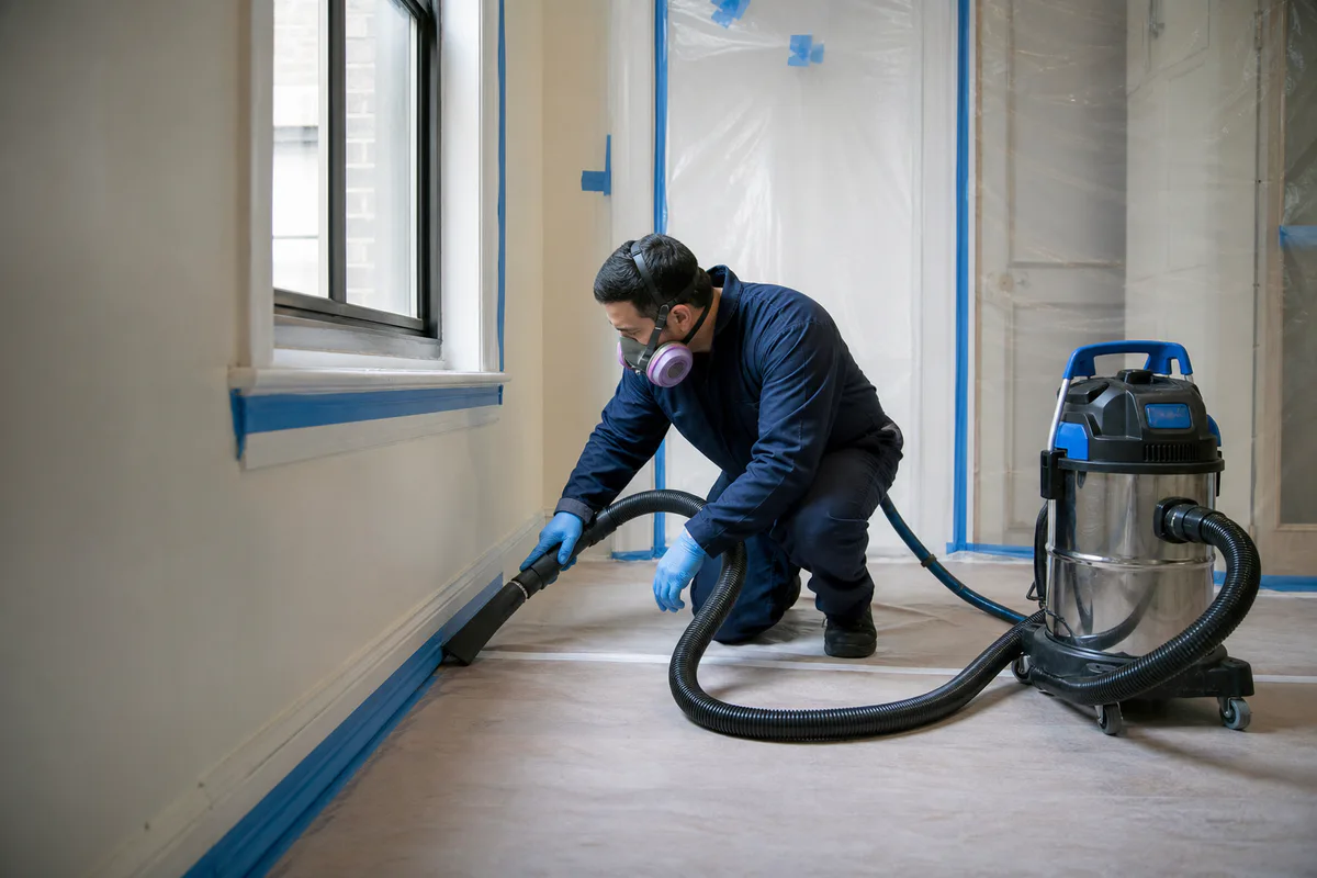 Remediation technician using a HEPA vacuum inside a contained apartment work zone