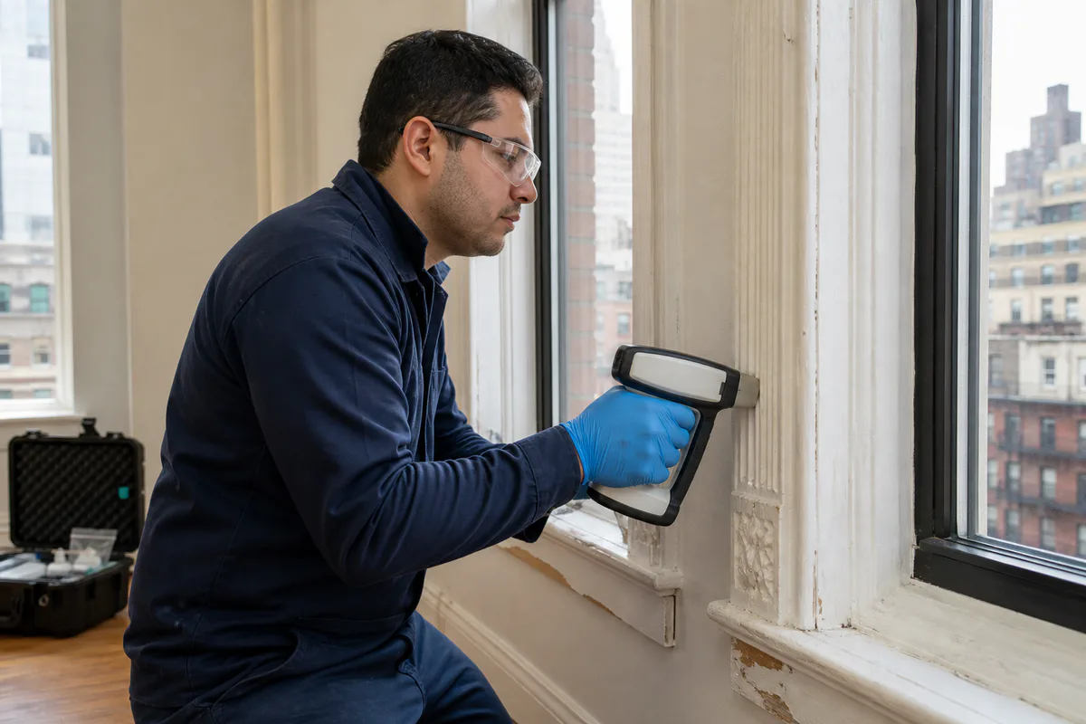 Certified inspector taking an XRF reading on painted window trim in an older New York City apartment