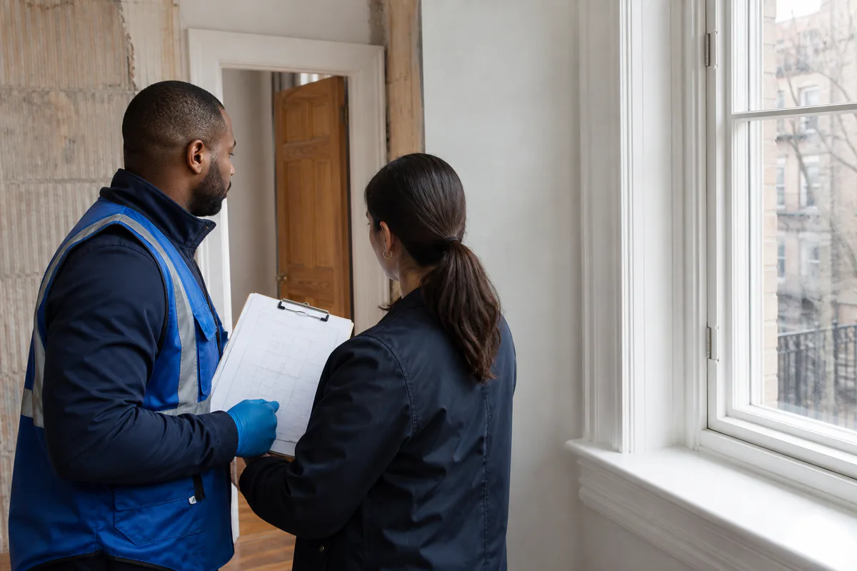 Property professionals reviewing violation records beside a corrected painted component