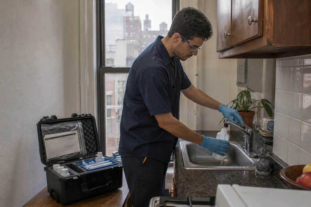 Environmental technician collecting a drinking-water sample from an apartment faucet