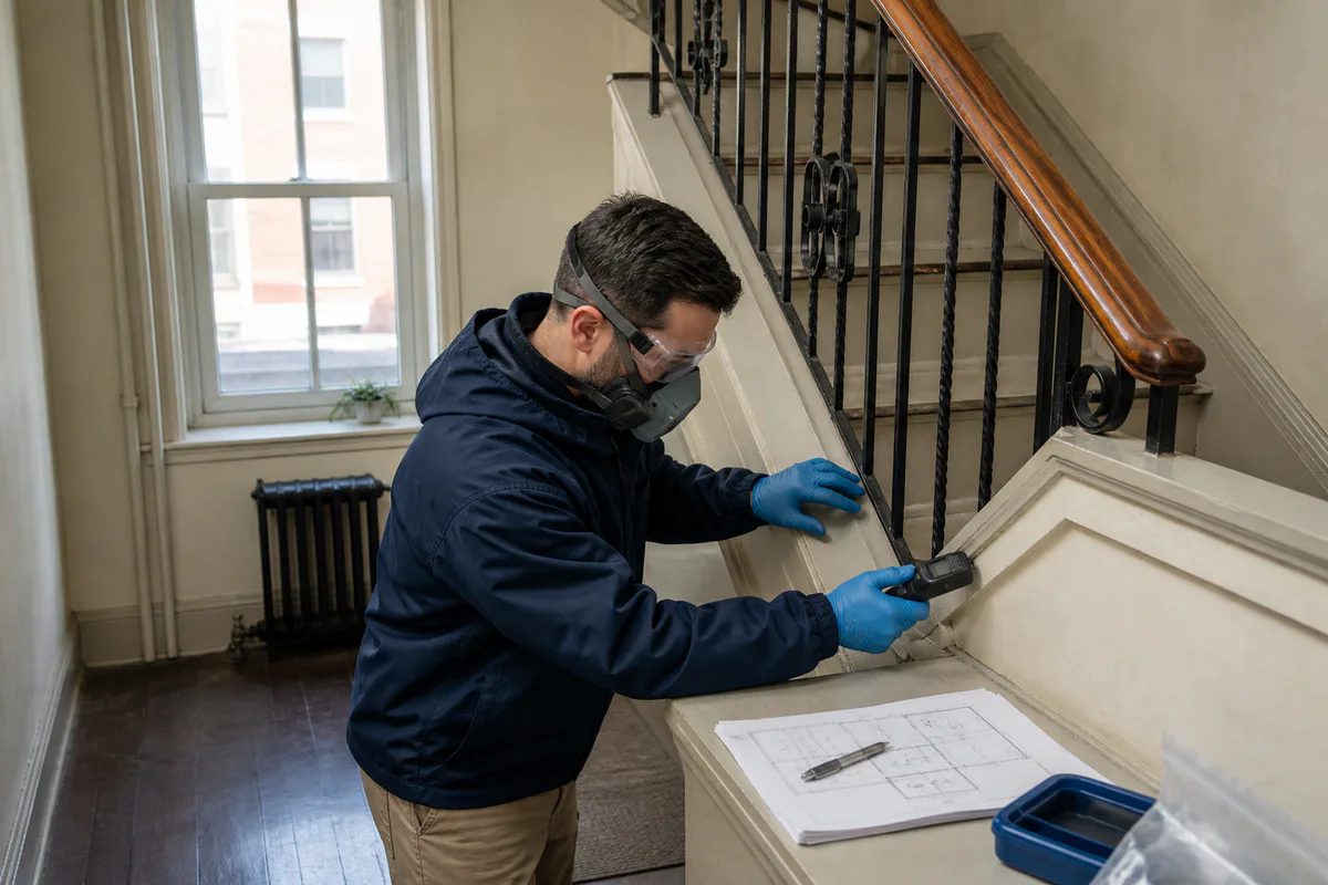 EPA-certified inspector testing painted common-area components for Local Law 31