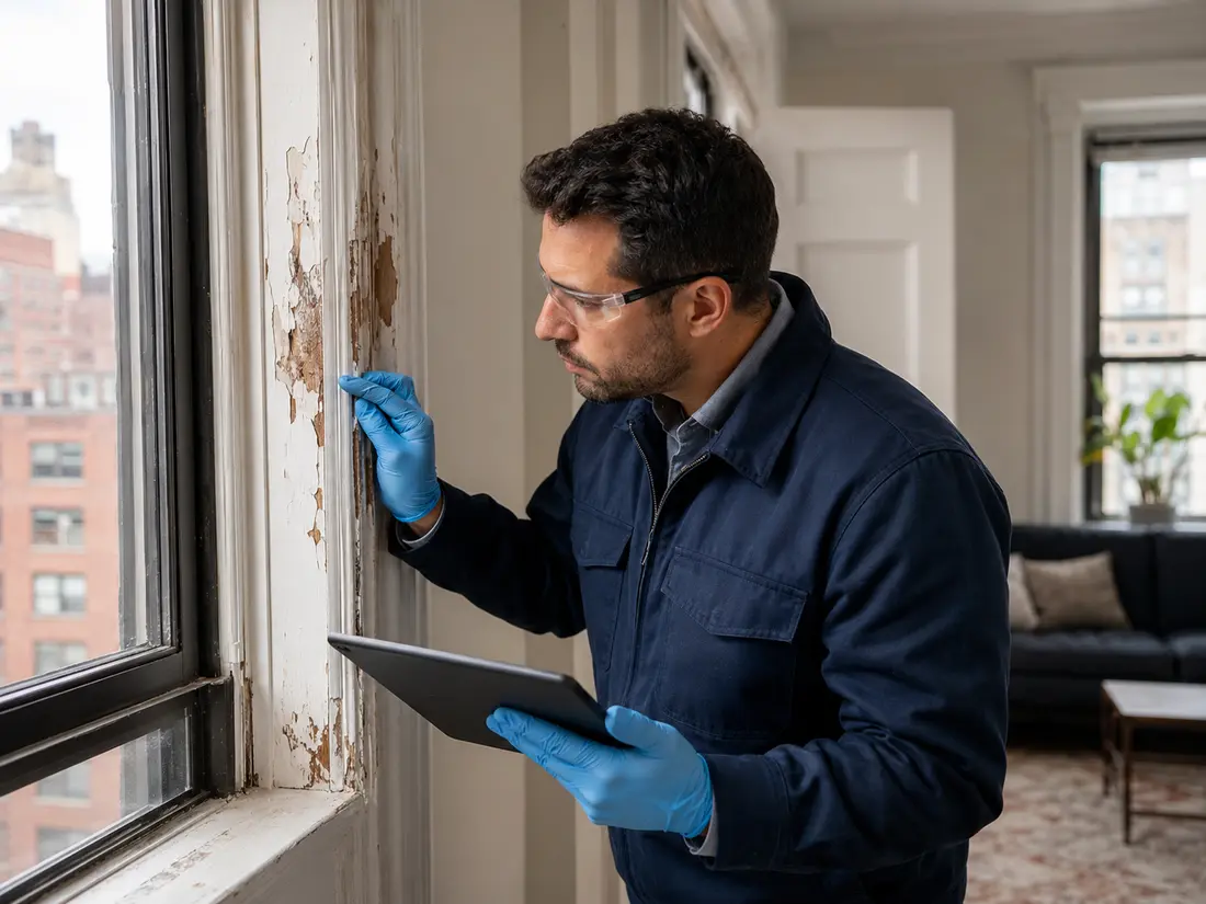 Inspector reviewing door and window friction surfaces