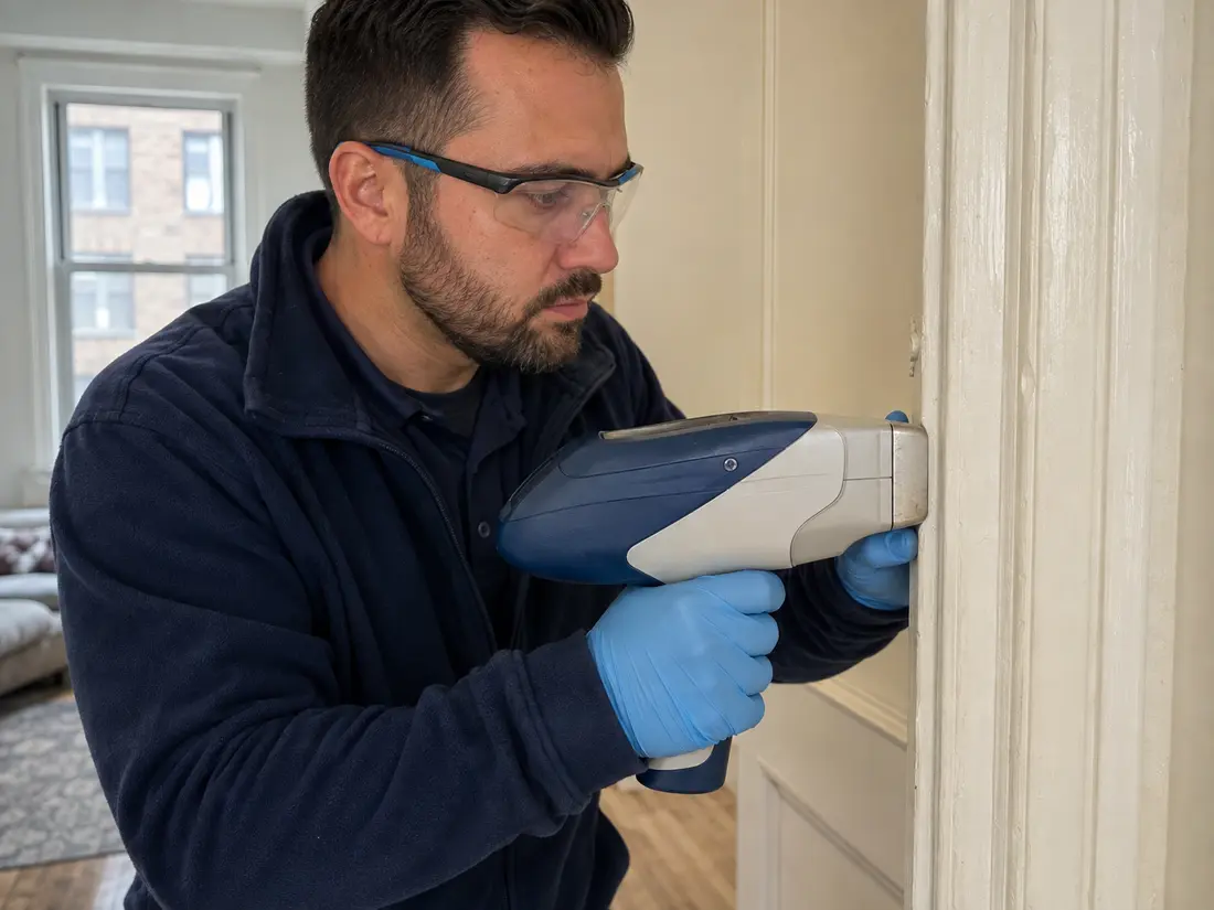 Close view of an XRF analyzer taking a lead paint reading on an interior surface