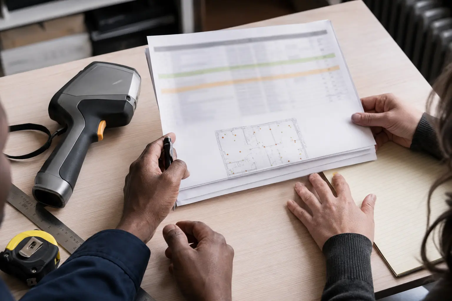 XRF testing instrument beside an organized lead inspection report