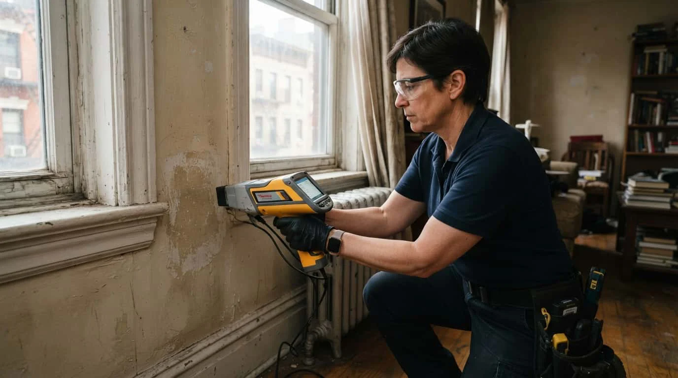 lead paint Inspector scanning apartment walls
