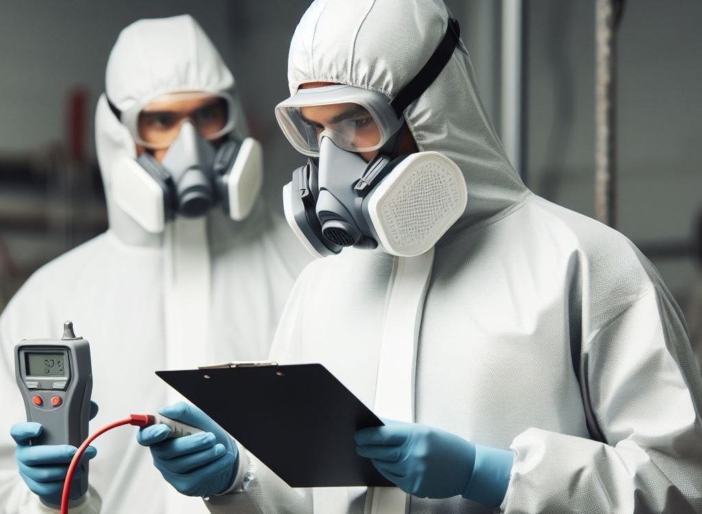 Two workers in protective suits and respirators reviewing a clipboard and a handheld meter