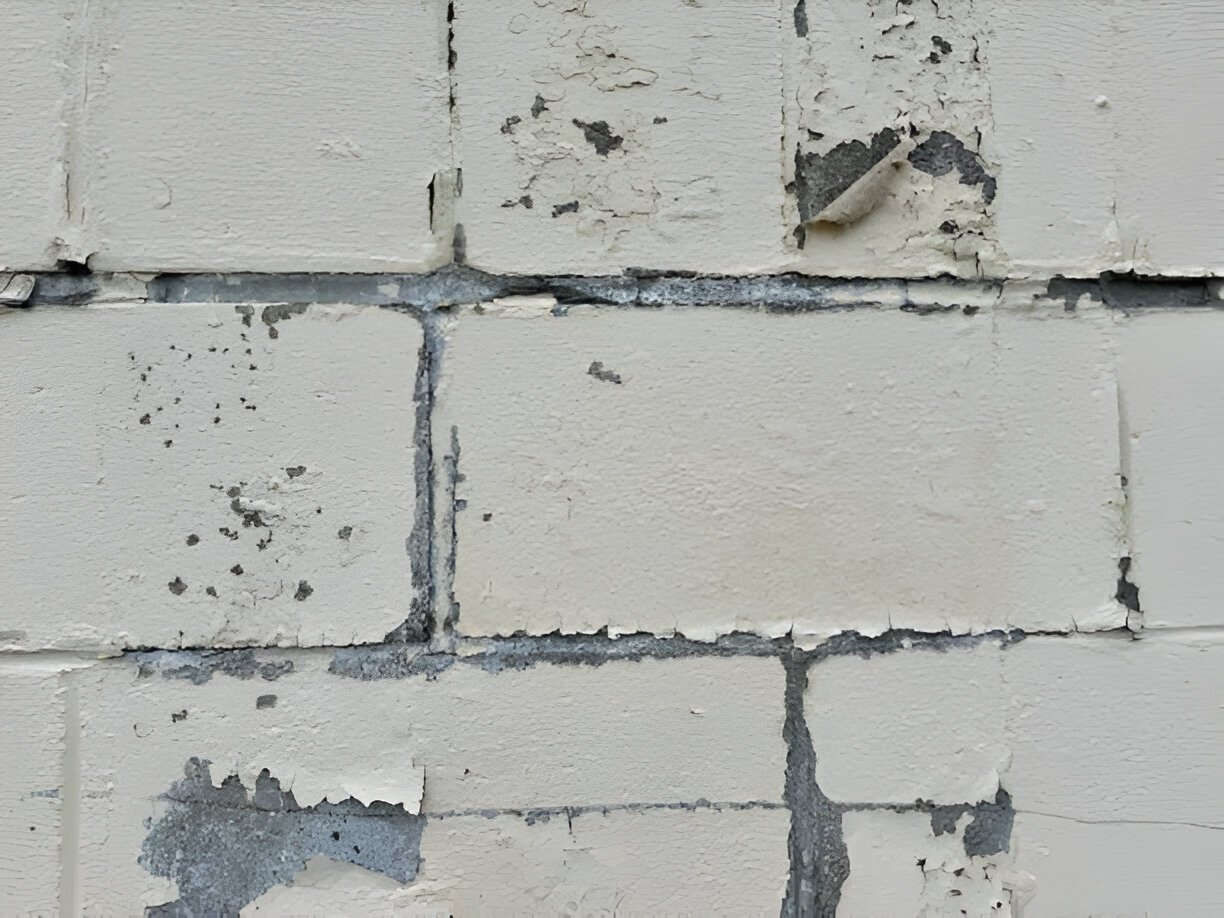 Painted brick wall with chipped paint along the mortar lines